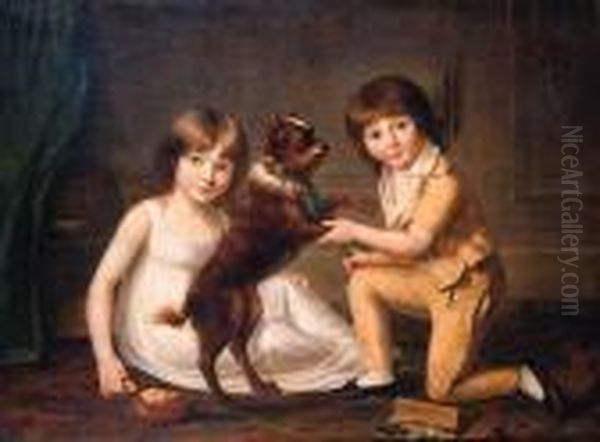 Double Portrait Of A Girl And A 
Boy, Full Lengths, Playing With Adog In An Interior, She Wearing A White
 Dress, He Wearing An Ocresuit With Lace Collar Oil Painting by Louis Leopold Boilly