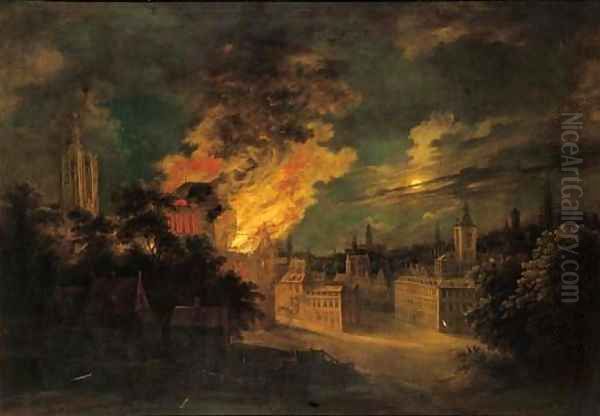 A fire in Brussels at night Oil Painting by Daniel van Heil