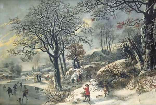 A frozen river landscape with huntsmen and skaters Oil Painting by Daniel van Heil