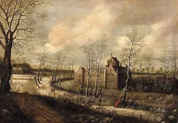 A wooded landscape with hunters on a path, a castle beyond Oil Painting by Daniel van Heil