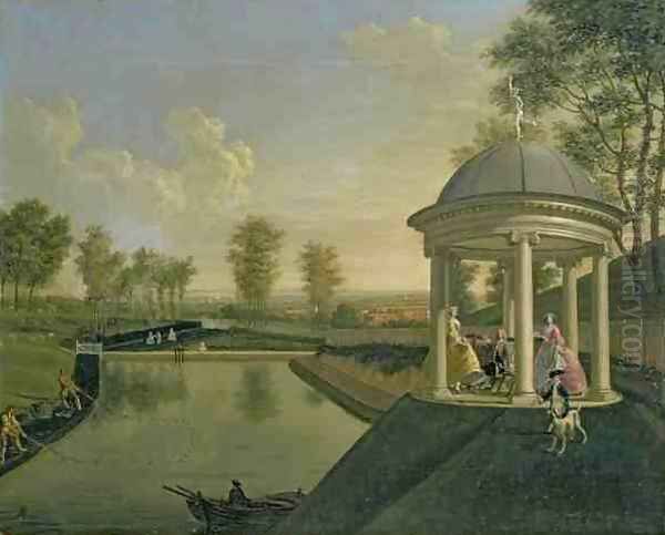 The Brockman Family at Beachborough Temple Pond with the temple in right foreground Oil Painting by Edward Haytley