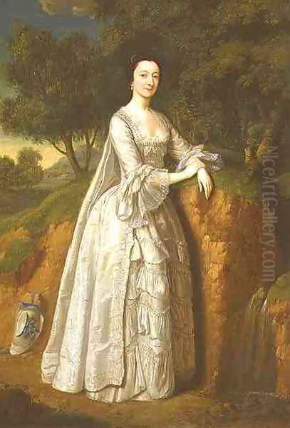 Elizabeth Montague standing in a Wooded Landscape Oil Painting by Edward Haytley