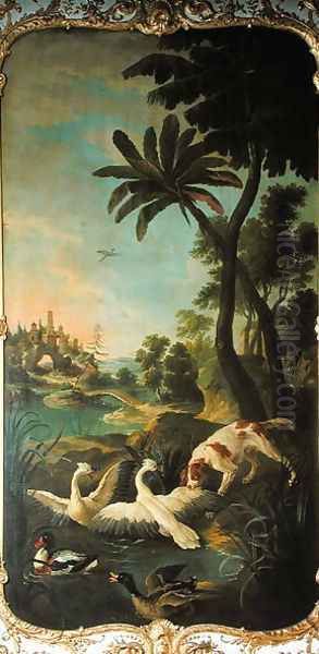 A Spaniel attacking swans a mallard duck and a shelduck panel from the bedroom of Louis Henri I 1692-1740 Prince de Conde Oil Painting by Christophe Huet