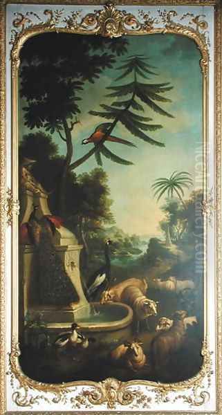 A Crested Crane a Peacock a Macaw a Shelduck and Markhors panel from the bedroom of Louis Henri I 1692-1740 Prince de Conde Oil Painting by Christophe Huet