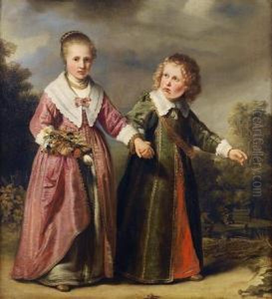 Portrait Of A Young Girl Holding A Posy Offlowers And A Young Boy In A Landscape Oil Painting by Ferdinand Bol