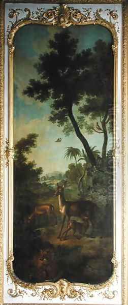 A Roe Deer a Doe and a Fawn with a Fox Eating a Pheasant panel from the bedroom of Louis Henri I 1692-1740 Prince de Conde Oil Painting by Christophe Huet