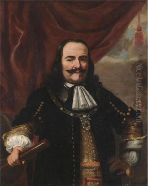 Portrait Of Admiral Michiel 
Adriaensz De Ruyter, Half-length,wearing A Black Coat And Holding A 
Telescope, With An Openedcurtain Behind Oil Painting by Ferdinand Bol