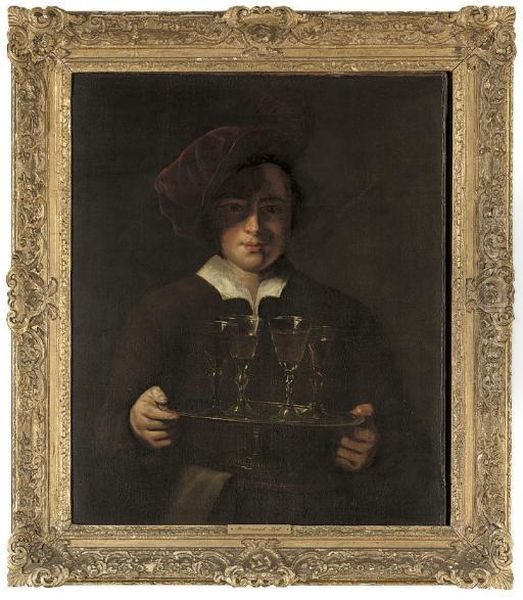 Portrait Of A Servant, Half-length, Carrying Four Glasses Of Wine On A Silver Tray Oil Painting by Ferdinand Bol