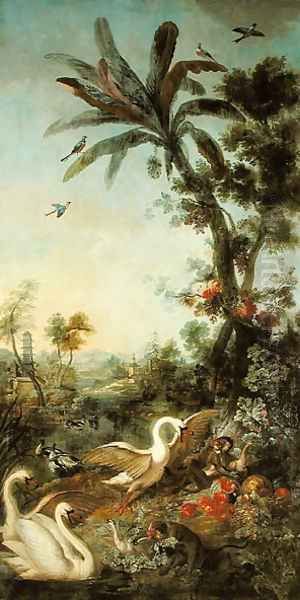 Monkeys and Swans panel from the bedroom of Louis Henri I 1692-1740 Prince de Conde Oil Painting by Christophe Huet