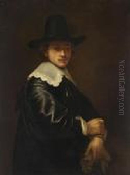 A Portrait Of A Young Gentleman Standing Half-length 

 Wearing A Black Costume And Hat With A White Lace 

 Collar Holding Gloves Oil Painting by Ferdinand Bol