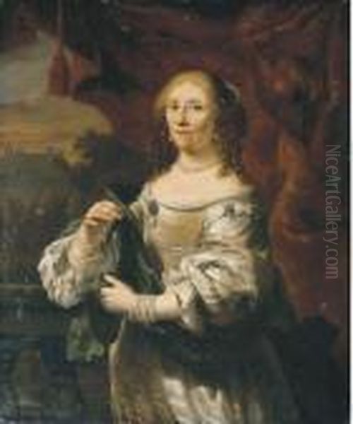 Portrait Of A Lady, Half-length, In A White Satin Dress Oil Painting by Ferdinand Bol