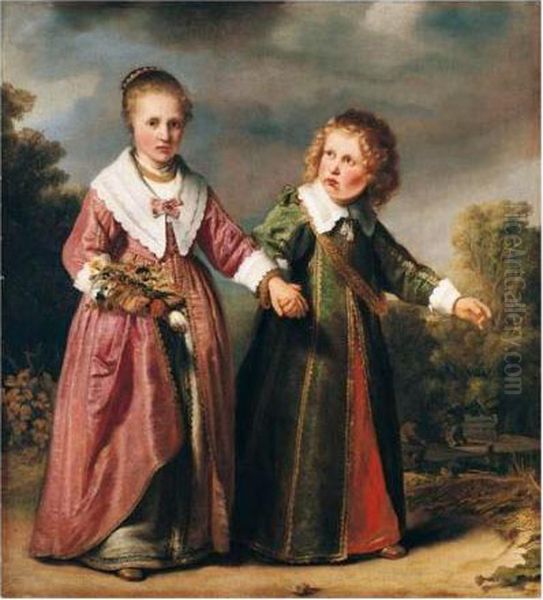 A Double Portrait Of A Young 
Girl Holding A Posy Of Flowers And A Young Boy, In A Wooded Landscape Oil Painting by Ferdinand Bol