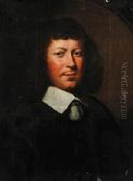 Portrait Of A Gentleman, 
Bust-length, In Black Costume And A Lawncollar, In A Feigned Oval Oil Painting by Ferdinand Bol