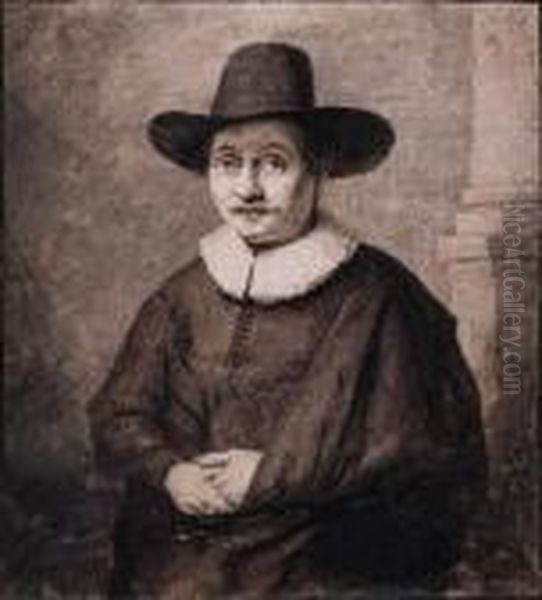 Portrait Of A Gentleman Wearing A Hat, Standing By A Column Oil Painting by Ferdinand Bol