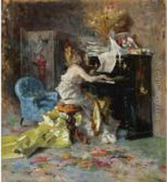 Signora Al Pianoforte (woman At A Piano) Oil Painting by Giovanni Boldini