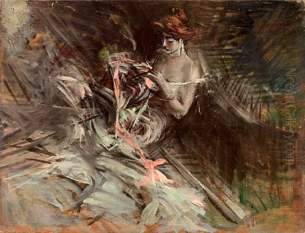 The Ball Gown (interior With Young Girl Sewing) Oil Painting by Giovanni Boldini