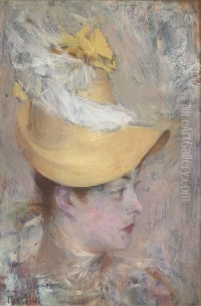 Testa Di Signora Con Capellino Giallo (il Cappello Giallo) Oil Painting by Giovanni Boldini