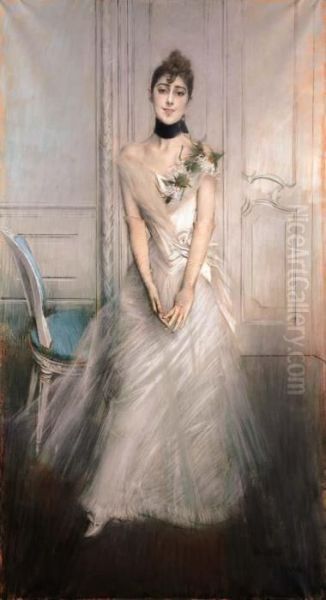 Portrait Of Emiliana Concha De Ossa, Full Length, Wearing A White Dress Oil Painting by Giovanni Boldini