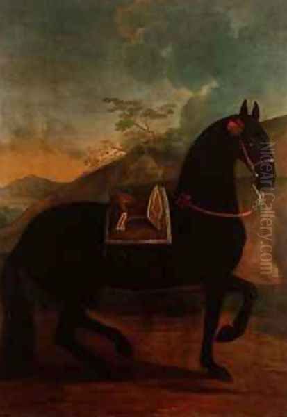 A Black Horse sporting a Spanish Saddle Oil Painting by Johann Georg Hamilton