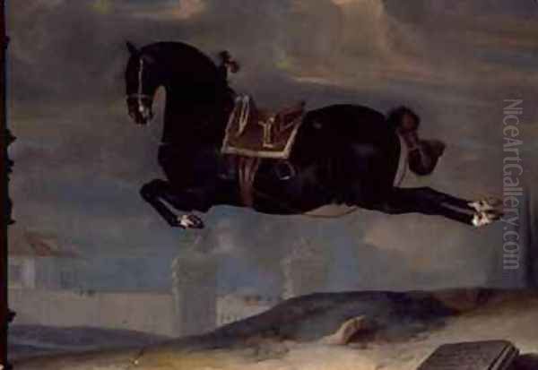 The black horse Curioso performing a Capriole Oil Painting by Johann Georg Hamilton