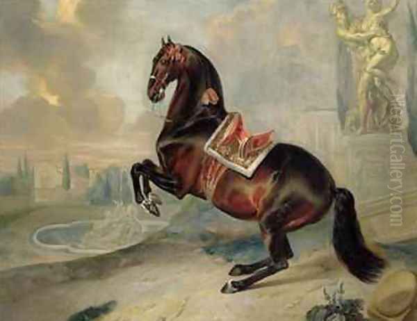 The dark bay horse Valido performing a Levade movement Oil Painting by Johann Georg Hamilton