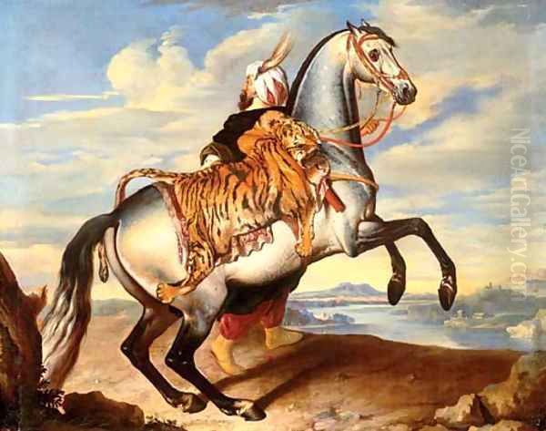 An Arab horse with an oriental groom Oil Painting by Johann Georg Hamilton