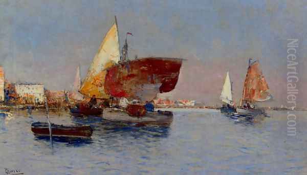 Fishing Vessels In The Venetian Lagoon Oil Painting by Cesar Maria Herrer Marcher