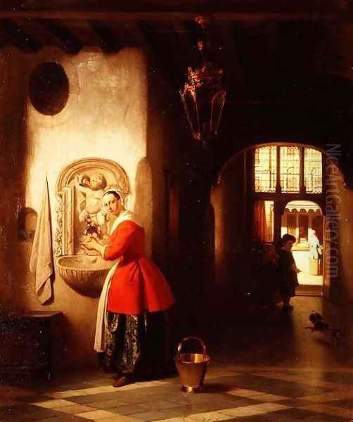 A maid in a hallway Oil Painting by Hubertus van Hove