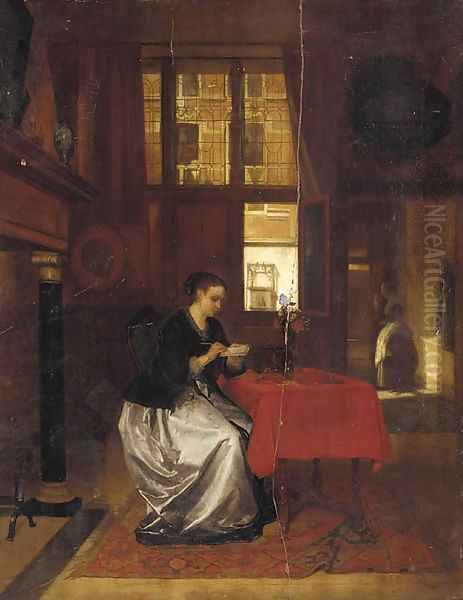 A lady writing in a Dutch interior Oil Painting by Hubertus van Hove