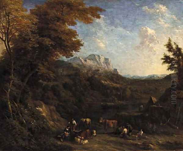 A wooded landscape with peasants and their livestock resting by a river Oil Painting by Jacob Huysmans