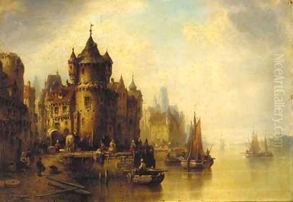 A town on a river Oil Painting by Ludwig Hermann