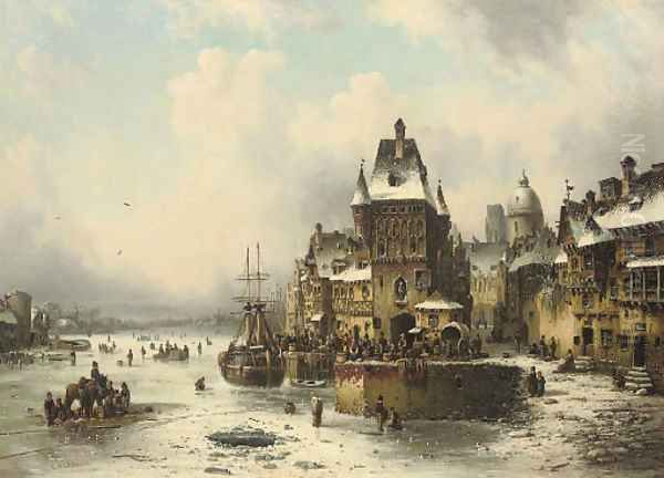 A winter quay Oil Painting by Ludwig Hermann