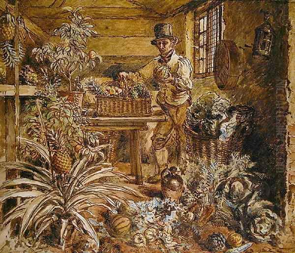 A Gardener in a Potting Shed with Pineapples and Various Vegetables Oil Painting by Alfred William Hunt