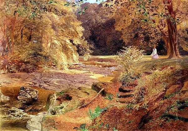 Lady by a rocky stream Oil Painting by Alfred William Hunt