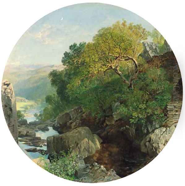 A sunlit wooded river valley Oil Painting by Alfred William Hunt