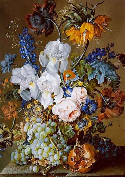 An Elaborate Floral Still Life with a Pomegranate, Grapes and Butterflies Oil Painting by Anton Hartinger