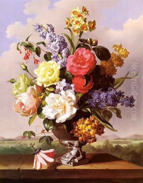 Flowers In An Urn On A Ledge Oil Painting by Anton Hartinger