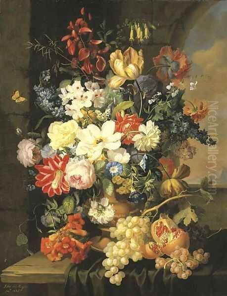 Roses, morning glory, an iris and other flowers in a sculpted urn with grapes and a pomegranate on a partly-draped ledge Oil Painting by Anton Hartinger