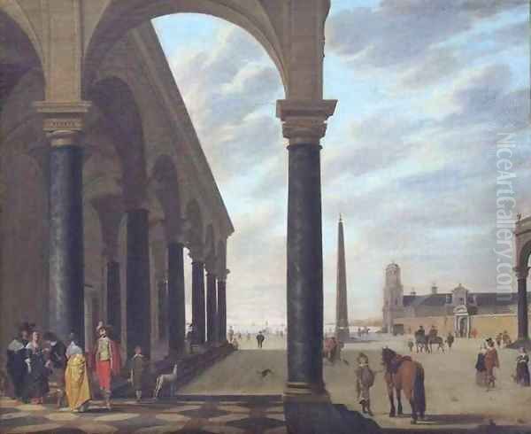 Portico Facing a Square with Obelisk and Figures Oil Painting by Gerard Houckgeest