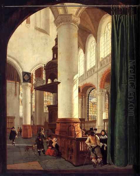 Interior of the Oude Kerk, Delft, with the Pulpit of 1548 Oil Painting by Gerard Houckgeest