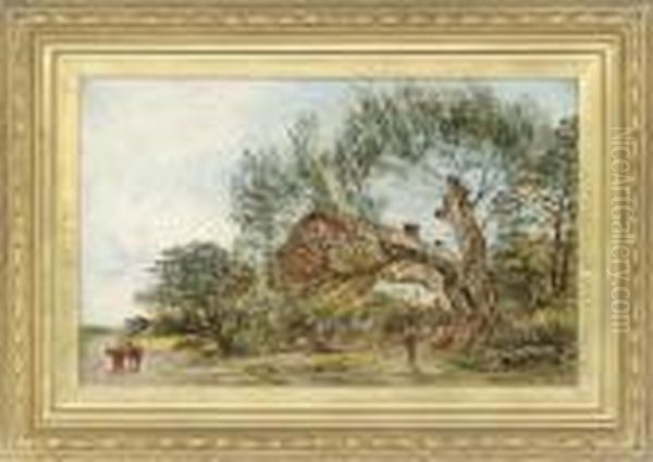 Figures By A Fallen Tree, Before A Cottage Oil Painting by William Joseph Caesar Julius Bond