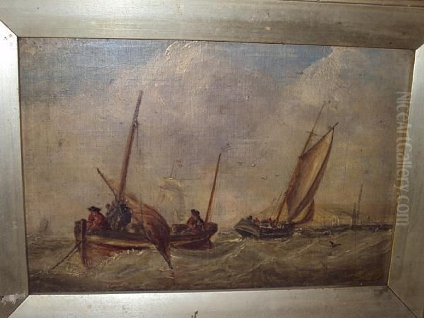 Fishing Boats Off A Coast Oil Painting by William Joseph Caesar Julius Bond