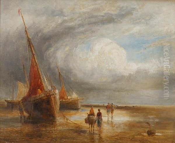 Beached Fishing Boats, Figures On Theshore Oil Painting by William Joseph Caesar Julius Bond