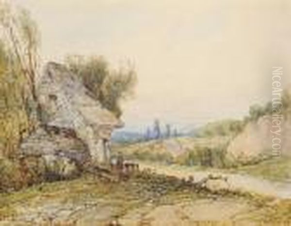 Figures And A Donkey Beside A Cottage Oil Painting by William Joseph Caesar Julius Bond