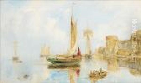 Local Craft Becalmed Off The Quays Atcaernarvon Oil Painting by William Joseph Caesar Julius Bond