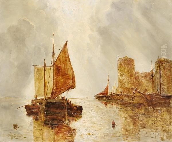 Fishing Boats At And Off The Quay Atcaernarvon Oil Painting by William Joseph Caesar Julius Bond