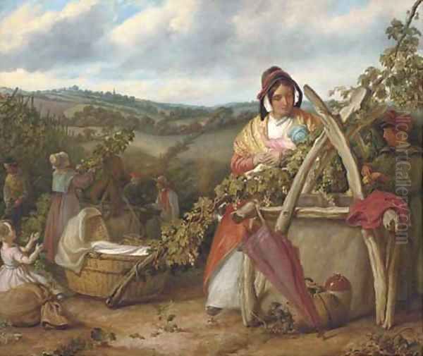 Hop pickers at Burswood, Kent Oil Painting by Solomon Alexander Hart