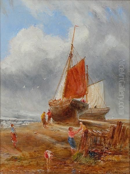 Fishing Boat At Low Tide On The Shore Withfigures Before Oil Painting by William Joseph Caesar Julius Bond