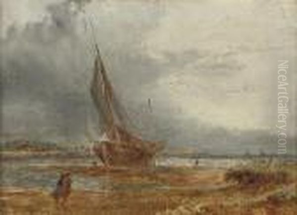 A Beached Fishing Vessel In An Onshore Breeze Oil Painting by William Joseph Caesar Julius Bond