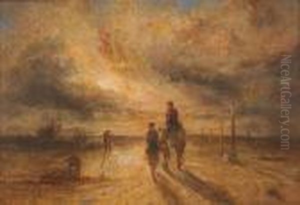 Figures And A Horse At Sunset Oil Painting by William Joseph Caesar Julius Bond